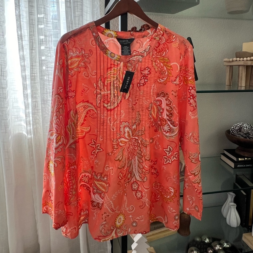 NWT George silk blend pintuck paisley floral print long sleeve tunic top 3X